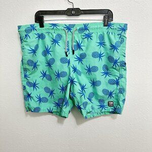 Tom Teddy Swim Trunks Green Blue Pineapple Print Liner Pockets Stretch‎ Summer M